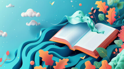 3d of colorful leaves flying from open book