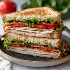 A sandwich with lettuce, tomato, and ham is cut in half and placed on a plate