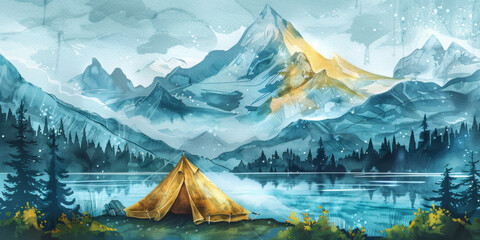 Watercolor landscape with mountains, lake, green tent - obrazy, fototapety, plakaty