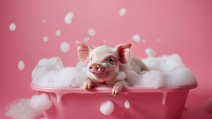 Cute mini pig is bathing in the bathtub with foam. Studio, pink background. Advertisement photo.