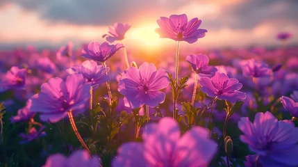 Fotobehang Spring in the meadow, full field of purple, magenta wild flowers on the  floor,  © Jasenko