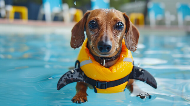 duchshund preto em colete salva-vidas com barbatana de tubarão na piscina
