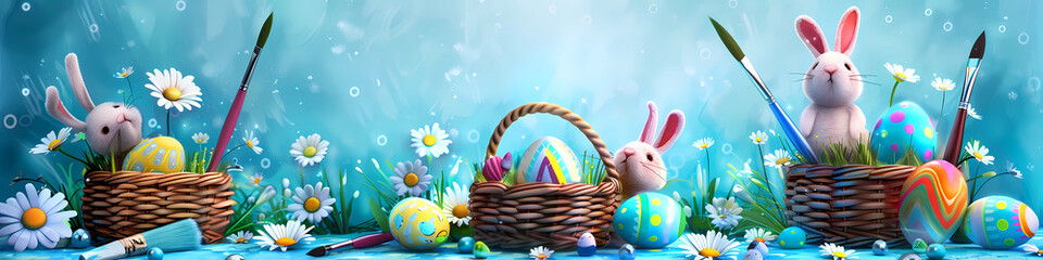 Colorful Easter eggs in baskets with bunny ears