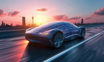 Modern electric concept car, self-charging from solar panels built into the body. Ecological transport concept - obrazy, fototapety, plakaty
