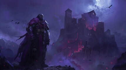 orc from game gothic night of raven, stone fortress, night, digital art style, concept art style, very dark navy colors, very dark purple colors, subtle red elements - obrazy, fototapety, plakaty