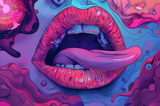 Develop a series of digital illustrations showcasing different interpretations of a tongue and an eye in various artistic styles