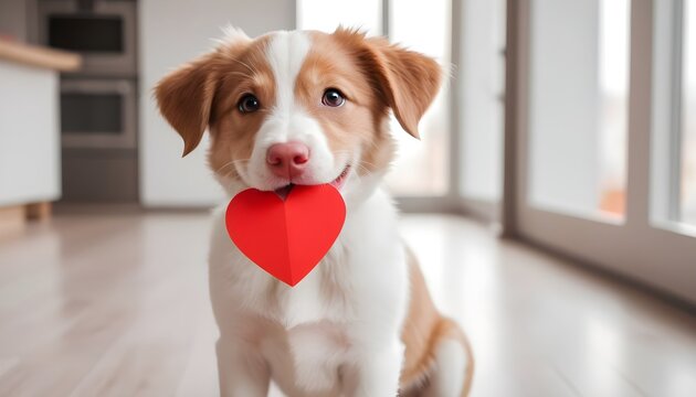 Adorable smiling happy pet, puppy, with a paper red heart hold on nose smiling to the camera, close up, funny animal portrait on modern home background, Valentine's idea.