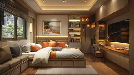 Fototapeta na wymiar Design of the interior. Stylish bedroom in beige calm color