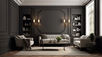 Dark charcoal gray walls with a light wood herringbone floor and white crown molding.