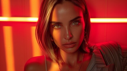  A close-up of a woman wearing a necklace with a red light in the background