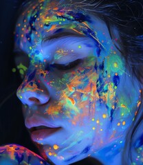  A photo of a woman's close-up face, adorned with colorful facial and body paint art