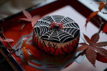 a benta cake with a spider web decoration and a happy Halloween note