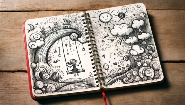 Sketch of a whimsical fantasy landscape in notebook