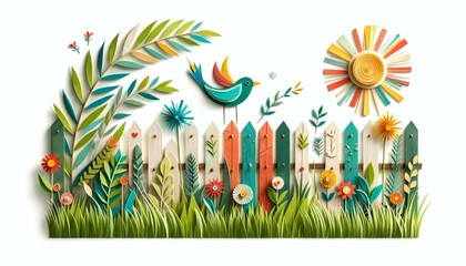 Wooden Garden Fence with Colorful Flowers - obrazy, fototapety, plakaty