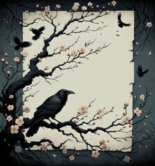Raven and Cherry Blossoms in Gothic Illustration