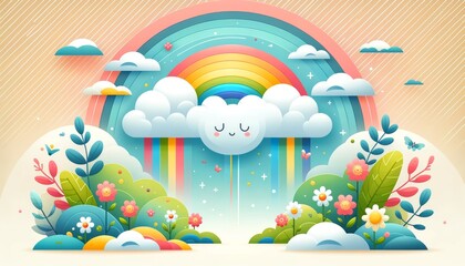 Colorful Illustration of a Rainbow with Clouds and Flowers
