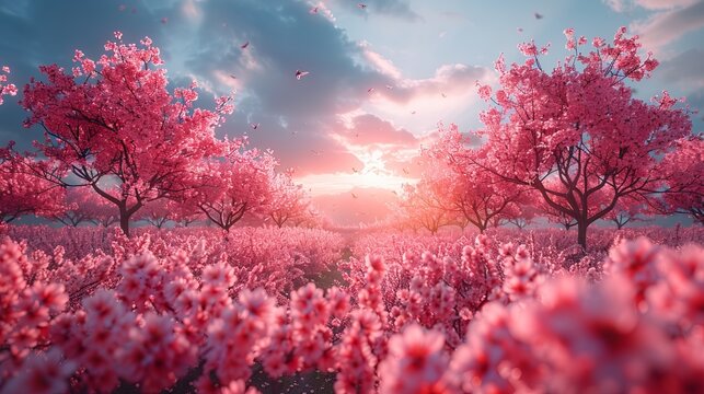 pink trees blooming at spring in the park, colorful, beauty, flowers