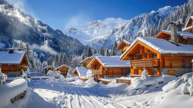 Capturing the serenity of a winter retreat, our image showcases charming wooden houses nestled amidst a snowy landscape, ideal for your winter vacation concepts.