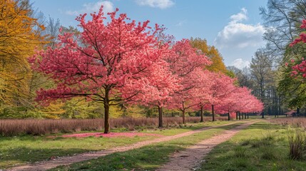 pink trees blooming at spring in the park, colorful, beauty,  - obrazy, fototapety, plakaty