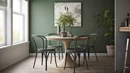 Fototapeta premium Dining nook with driftwood gray table and hunter green metal cafe chairs.