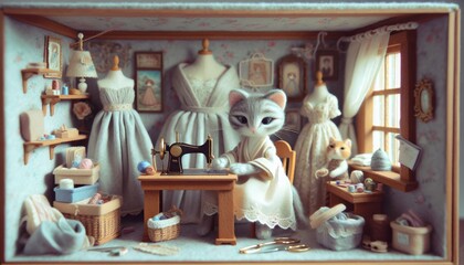 Miniature Tailor's Shop with Cats and Vintage Sewing Items - obrazy, fototapety, plakaty
