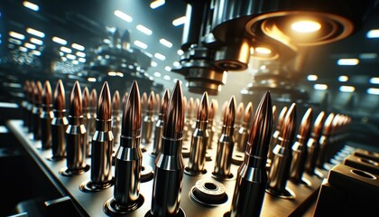 Close-up of bullet manufacturing machine with multiple bullets in production - obrazy, fototapety, plakaty