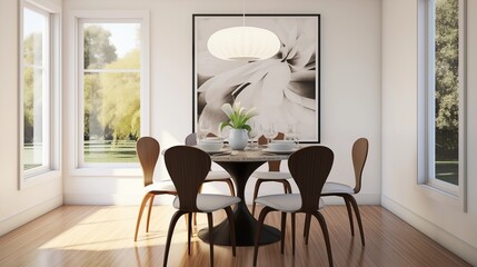 Fototapeta premium Dining room in crisp whites with espresso brown bentwood style accent chairs.
