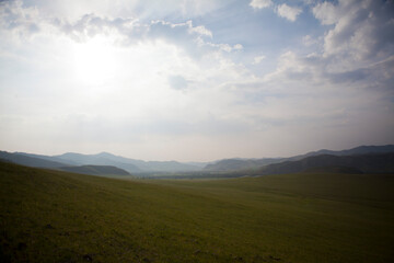 Green hills rural landscape background photo, Mongolia