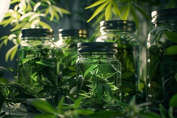 Cosmetic essence from the Cannabis plant, bottles with essence next to Cannabis leaves