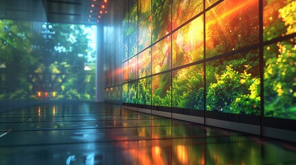 3d render of a corridor in the office building with glass panels
