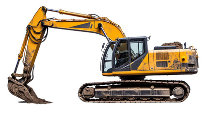 A yellow and black excavator standing boldly on a white canvas