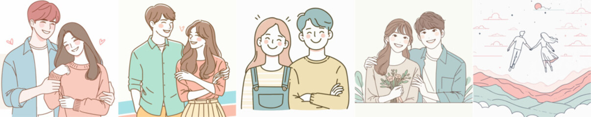 The couple characters are cheerful with a simple flat line art style