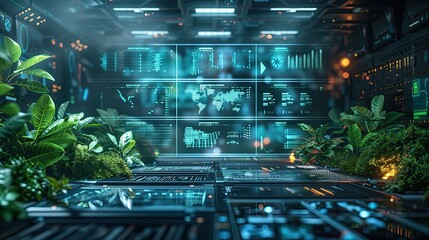 3D rendering of a futuristic server room with a lot of green plants