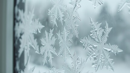 Intricate frost patterns on windowpanes in winter creating a mesmerizing background
