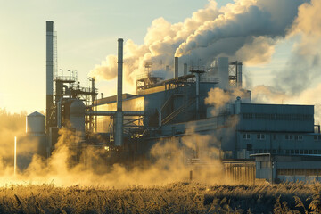 Fototapeta na wymiar A biomass power plant in the soft, warm light of dawn, the plumes of steam symbolizing the conversion of organic matter into energy