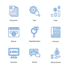 Accounting icons set, Accounting, Finance, Bookkeeping, Taxation, Audit, Budgeting, Ledger, Balance Sheet, vector stock illustration.