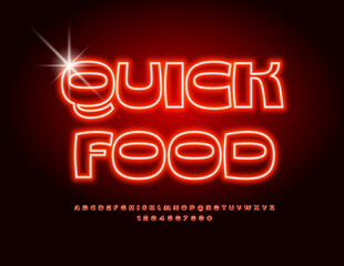 Vector Neon Advertisement Quick Food. Red Glowing Font. Modern Electric Alphabet Letters and Numbers set.