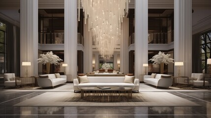 Elegant hotel lobby with crisp whites and bronze and crystal light fixtures.