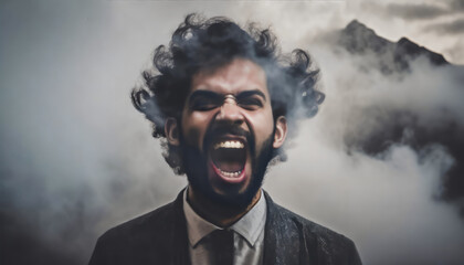 A man screaming with anger in front of fog