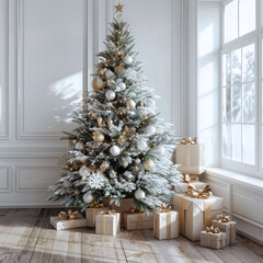 Beautiful tree decorated for Christmas in interior decorated room with architect or designer touch white themed