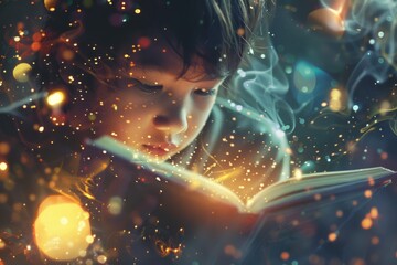 Child reading a book, magical unknown mysterious fantasy world in the book, banner - obrazy, fototapety, plakaty