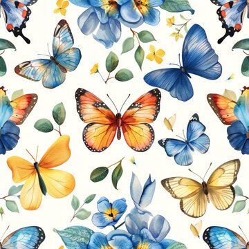 flora, butterfly seamless pattern painted with watercolors, vector tile