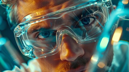 science, chemistry, biology, medicine and people concept - close up of scientist face in goggles and protective mask at chemical laboratory