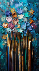 Artistic arrangement of paintbrushes and palettes - obrazy, fototapety, plakaty