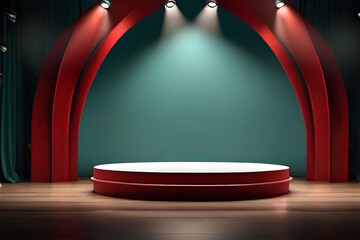 Red background podium light studio stage platform. Empty red podium product display spotlight abstract scene wall floor background pink shadow texture perspective showroom   Generative AI - obrazy, fototapety, plakaty