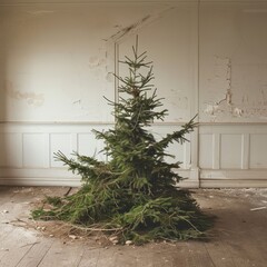 Sad Charlie Brown Christmas tree decorated for Holiday in interior messy rough weathered room 