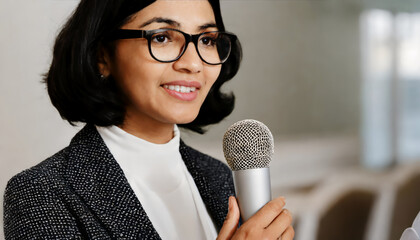 A woman speaking to the audience, microphone in her hand - obrazy, fototapety, plakaty