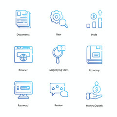 Accounting icons set, Accounting, Finance, Bookkeeping, Taxation, Audit, Budgeting, Ledger, Balance Sheet, vector stock illustration.