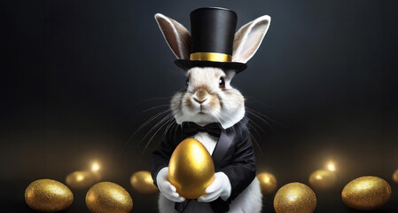 Portrait of an anthropomorphic elegant Bunny human dressed in a black tailcoat, bow tie and top hat. holding a golden egg in his hands. Generative AI