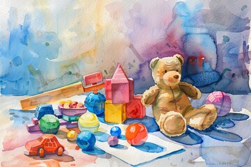 Watercolor illustration of children's toys in calm pastel colors